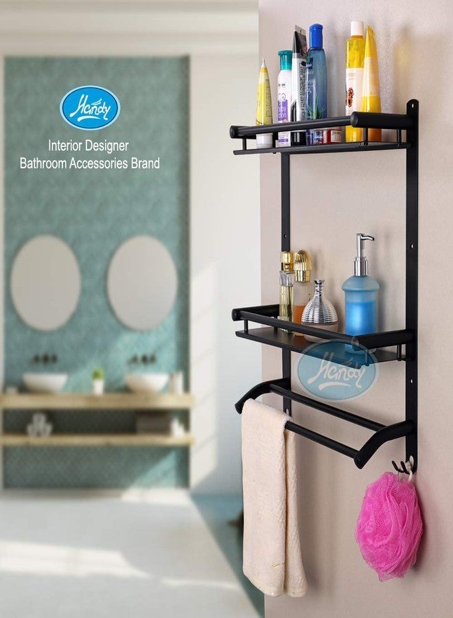 HANDY Stainless Steel Black Bahtroom Accessories 2 Layer Bathroom Shelf with Towel Rod and Hook Multipurpose Wall Mount Shelves Black Bathroom Shelf (16 x 5 x 17 inch) - Image 3